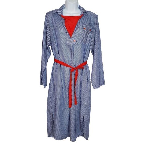 Vintage 80s Blue Stripe Collared Shirt Dress 14 Light Weight Beach Nautical Red - Picture 1 of 7